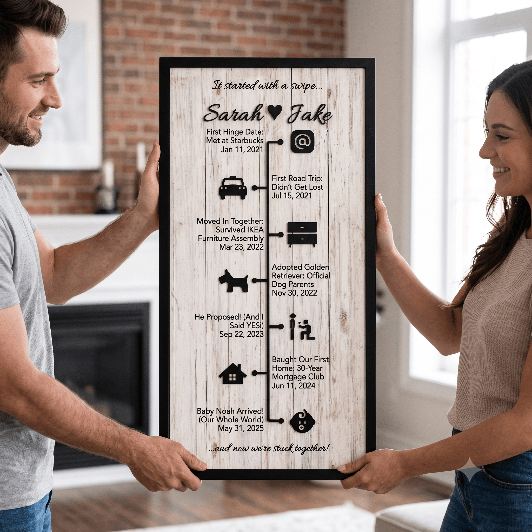 Close-up of a couple holding their personalized anniversary wood sign with relationship milestones
