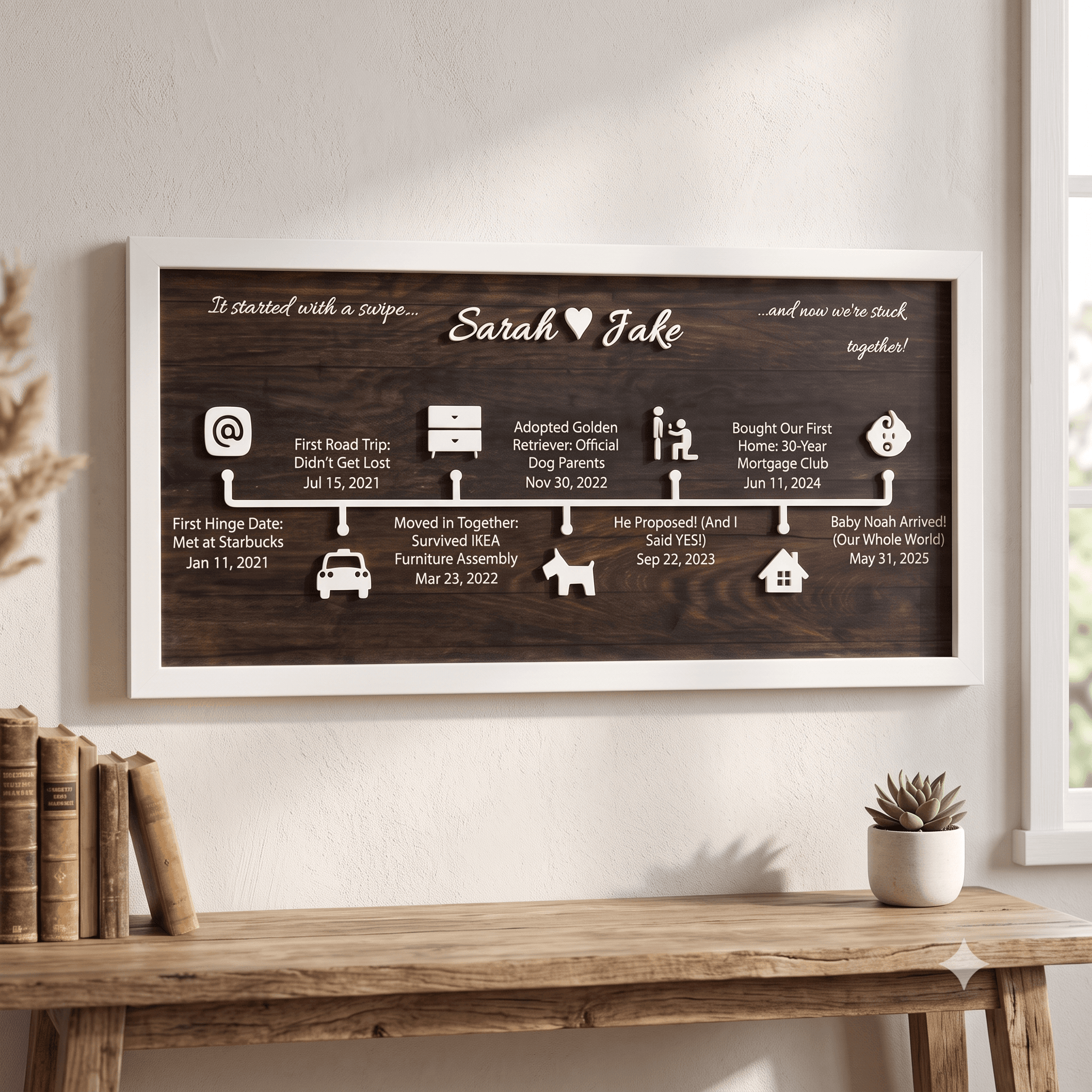 Couple holding a personalized walnut wood love story timeline sign with custom names and milestone icons