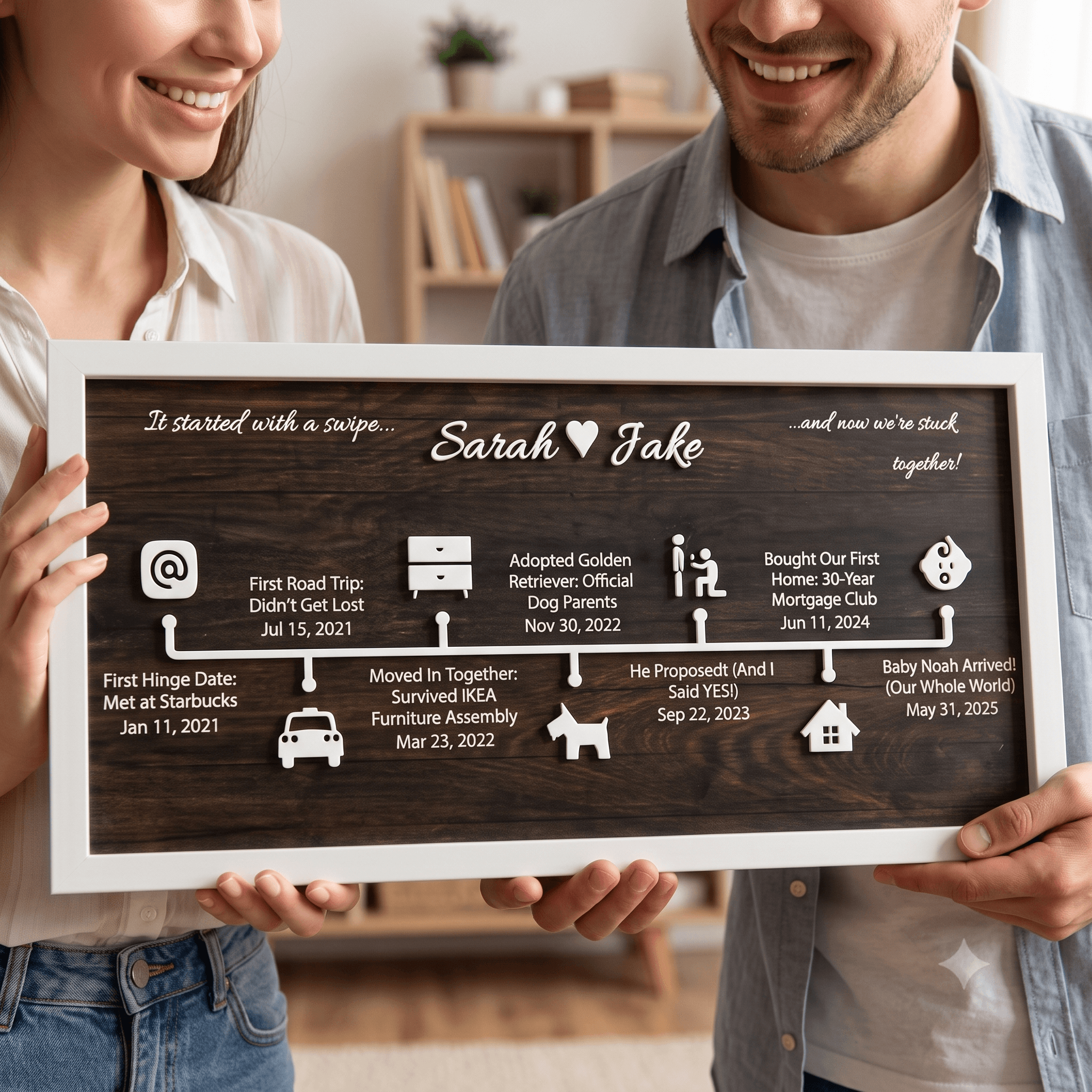 Couple smiling while holding a personalized vertical love story wood sign, a gift idea for a wife or husband