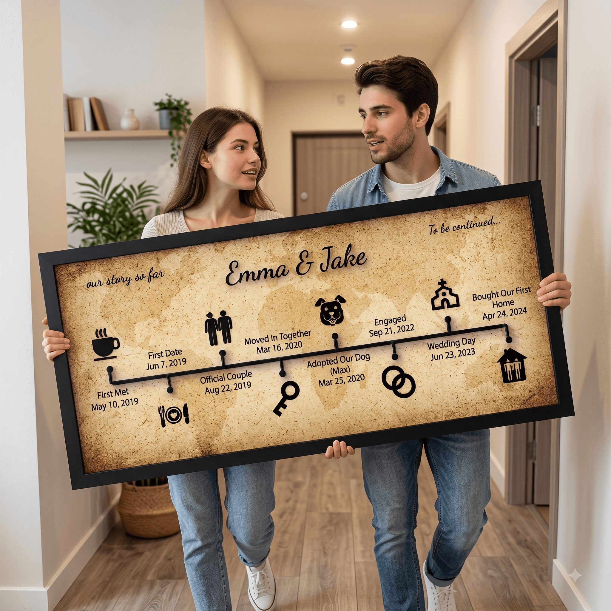 A custom love story timeline sign