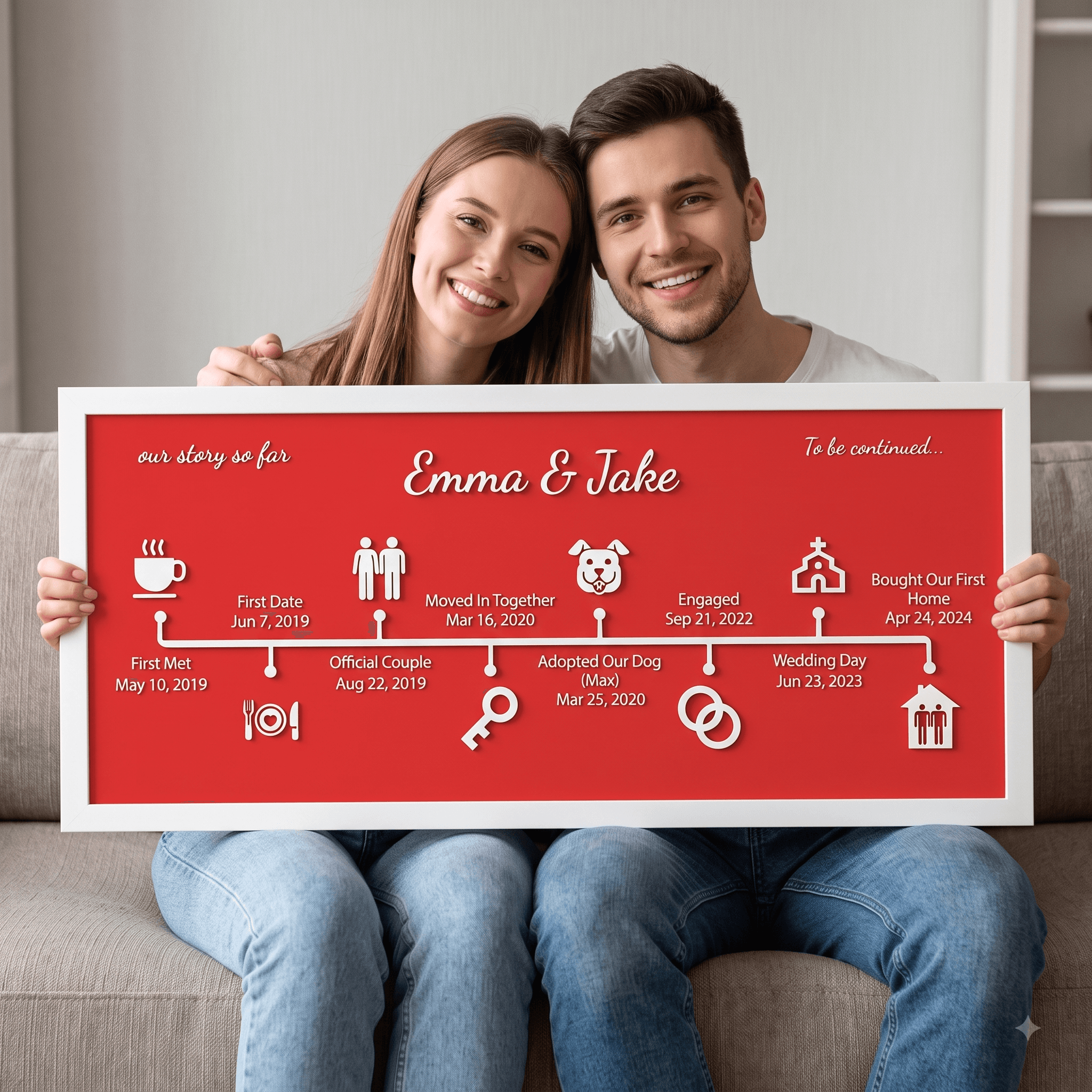 A custom love story timeline sign